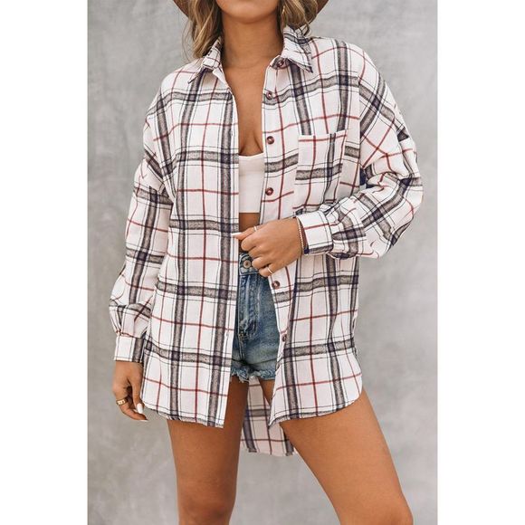 Azura Exchange  White Oversized Plaid Pattern Shacket with Slits - Picture 9 of 15